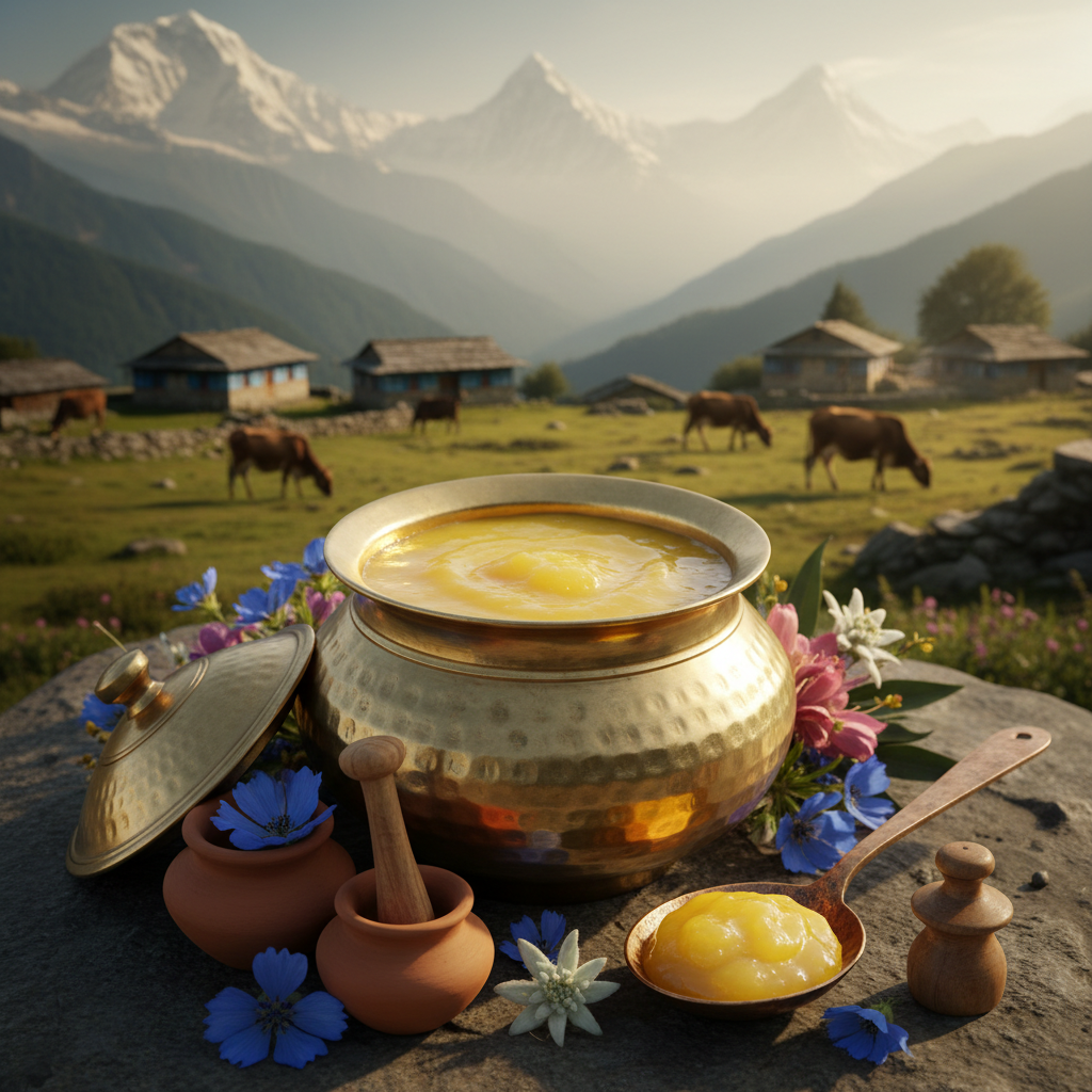 Experience the true essence of the Himalayas with Kumwal Himalayan Badri Cow Pure Ghee, sourced directly from local farmers in the high-altitude regions of Uttarakhand. Made using traditional methods from the milk of indigenous Badri cows, this ghee reflects purity, authenticity, and generations of Himalayan dairy wisdom.
Prepared with care and patience, our ghee captures the rich aroma, golden color, and nourishing qualities that make it a staple in traditional Himalayan households.
Source / Origin
Hima