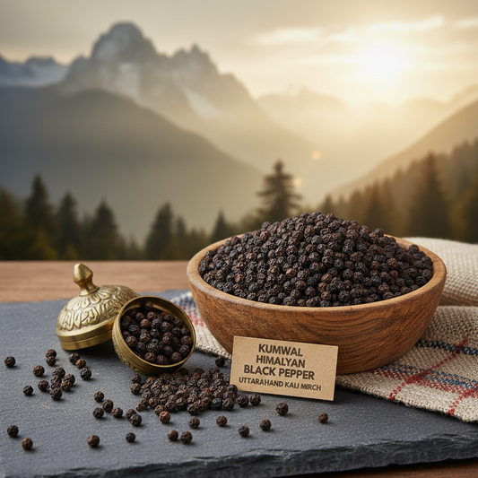 Kumwal Himalayan Black Pepper, locally known as Uttarakhand Kali Mirch, is a naturally grown, premium spice sourced from the high-altitude regions of Uttarakhand. Cultivated in the pristine Himalayan environment, these peppercorns are prized for their sharp aroma, bold heat, and superior essential oil content.

Carefully handpicked and traditionally dried, Kumwal Himalayan Black Pepper delivers intense flavor and authentic Himalayan purity in every grain.

Source / Origin

Naturally grown Himalayan Black Pe